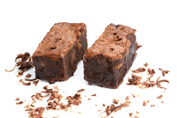 Chocolate brownie on white background.
