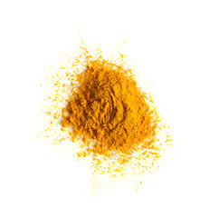 Turmeric (Curcuma) powder pile isolated on white background, top view.
