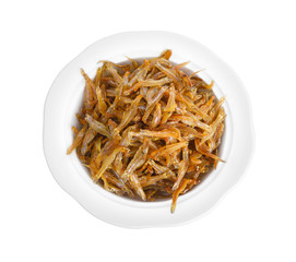 small fried fish on white background.