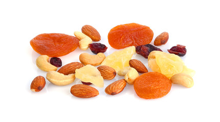 Almonds cashews nut and dried fruits isolated on white background.