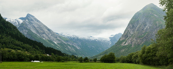 This is mountains view from Glacier Museum in Norway. Jostedalsbreen is located on these mountains. 