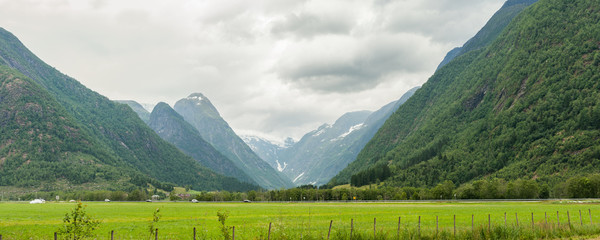 This is mountains view from Glacier Museum in Norway. Jostedalsbreen is located on these mountains. 