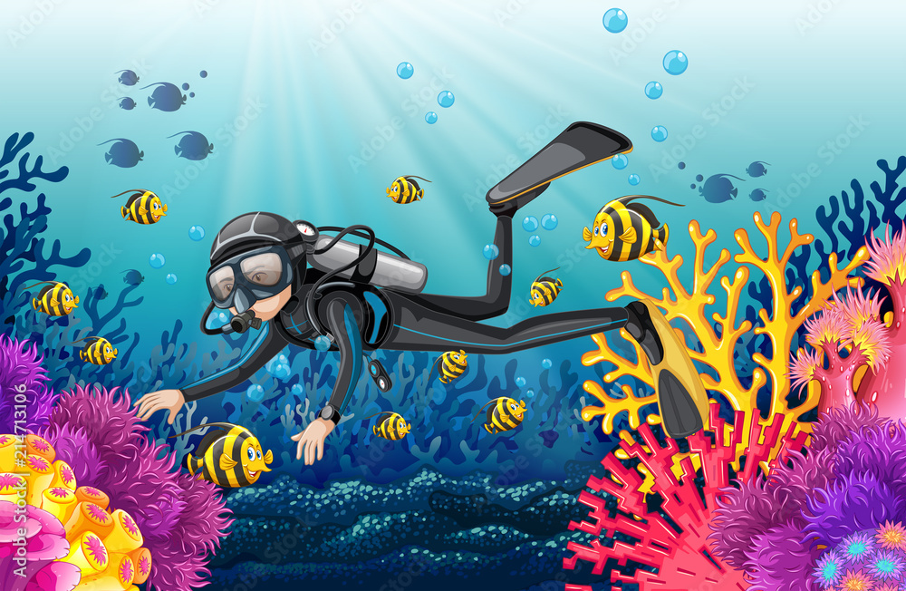 Wall mural Scuba diver in a beautiful coral scene