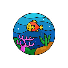 Under the sea logo badge. Undersea view for underwater diving outdoor activity concept. fish, coral and marine plant illustration. simple flat cartoon style vector design.