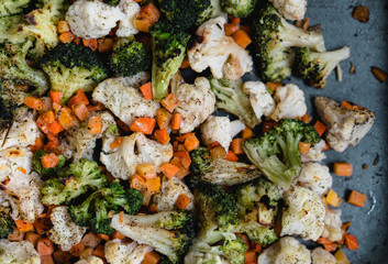 Top view of stir fried vegetables in a tray