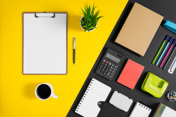 Multiple stationery items for office and school. Top view flat lay of office supply with copy space.