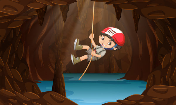 A boy exploring the water cave