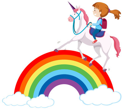 Girl riding unicorn over rainbow