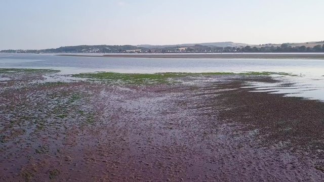 Aerial view from the coastal town of Lympstone in Devon South West England. Sky view of the environment and nature.