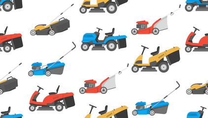 Seamless pattern with lawnmower. flat style. isolated on white background