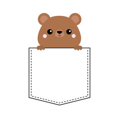 Grizzly bear head face in the pocket. Pink cheeks. Holding paw hands. Doodle linear sketch. Cute cartoon character. T-shirt design. Dash line. Pet animal. White black color. Baby background. Flat