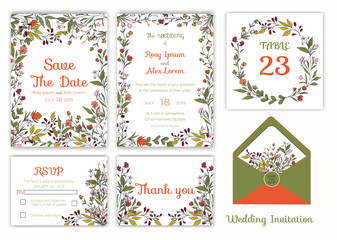 Fototapeta na wymiar Wedding invitation , Save the date, RSVP card, Thank you card, Table number, Gift tags, Place cards, Respond card.