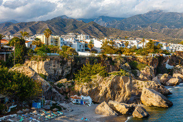 View of beautiful beach in Nerja, Costa del Sol, Andalusia, Spain - obrazy, fototapety, plakaty