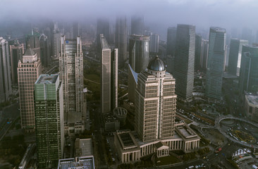 Obraz premium aerial view of Shanghai Landmark Building in fog