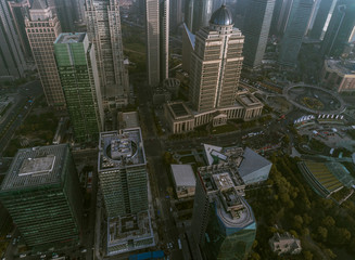 aerial view of Shanghai Landmark Building in fog