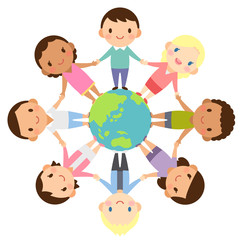 地球を囲んで輪になる世界の人々　人種　男女　かわいい　フラット　イラスト
