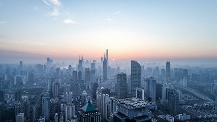 aerial view of shanghai city in foggy dawn