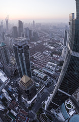 aerial view of shanghai city in foggy dawn