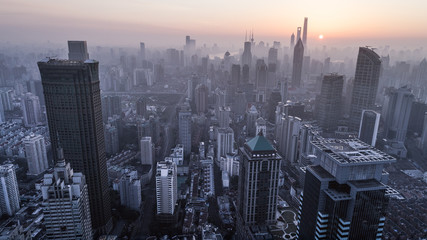 aerial view of shanghai city in foggy dawn