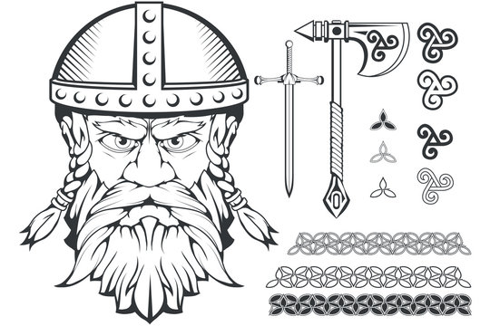 Hand drawn of a viking in a helmet. Scandinavian traditional weapons. Cartoon bearded man character. Viking tattoo. Traditional norse ornament. Norse mythology. Vector graphics to design