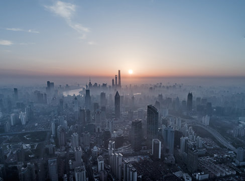 Aerial View Of Shanghai City In Foggy Dawn