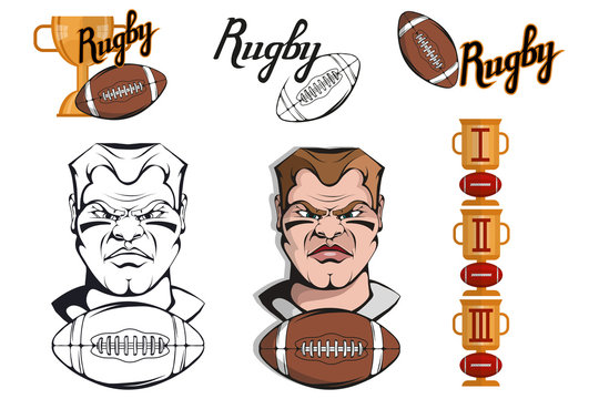 Set of Football player design elements. Hand drawn Rugby player. Cartoon soccer player. Set for football concept. Gold champions and winner cup. Cartoon Man Head. Rugby ball. Vector graphics to design