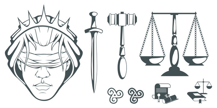 Themis - Ancient Greek goddess of justice. Hand drawn scales of justice. Symbols of the femida - justice, law, scales. Libra and a sword in hands, a bandage on eyes. Vector graphics to design