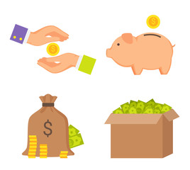 Money Boxes and Human Hands Color Icons Collection
