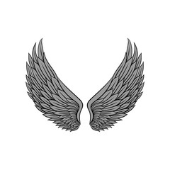 Beautiful heraldic wings with gray feathers of bird or angel. Tattoo artwork. Vector for vintage style poster, sticker or print