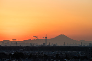 Beautiful Tokyo sunset cityscape ,  Tokyo Skytree landmark and Mountian Fuji in winter sunset