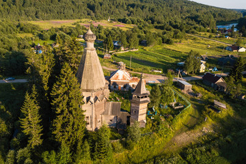 Top view of the Church of St. Nicholas (built 1696) in Soginicy village. Green forests of Leningrad...