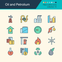 Oil and Petrolium icons. Filled outline design collection 15. For presentation, graphic design, mobile application, web design, infographics.