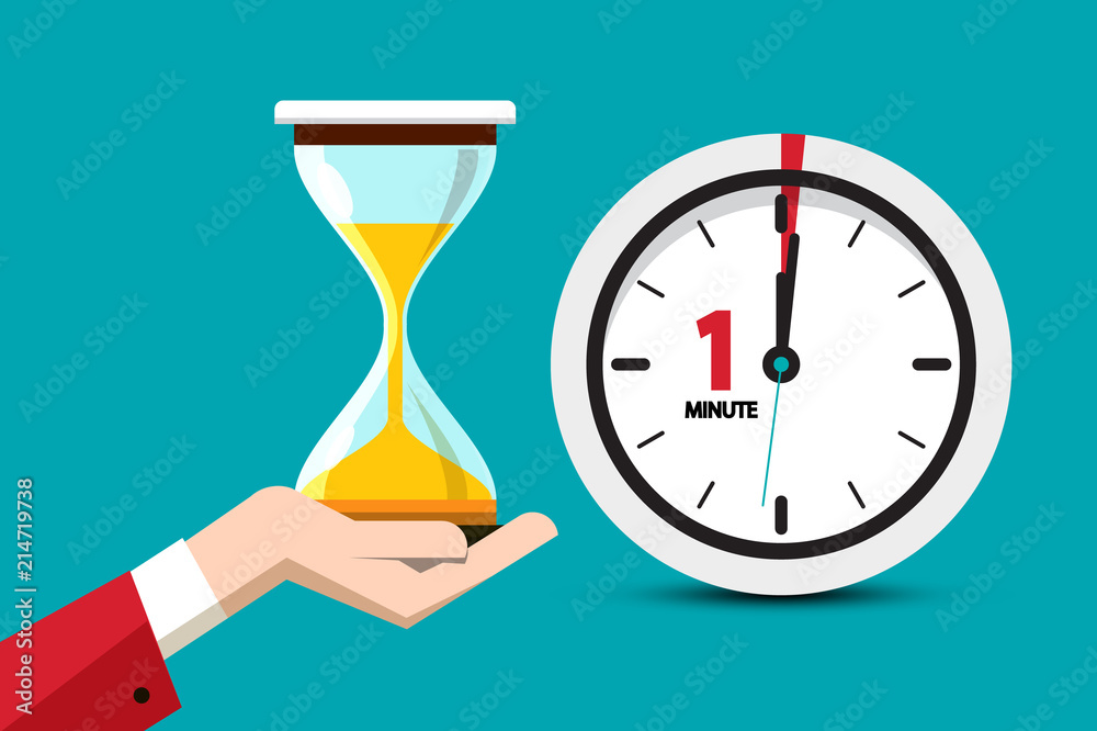 Sticker Hourglass Time Symbol on Blue Background. Sand Clock One Minute Vector Flat Design Icon.