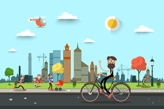 Man on Bicycle on Street with People on City Park on Background. Urban Vector Landscape Scene.