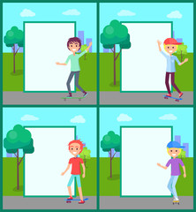 Skating Boys Collection Set Vector Illustration