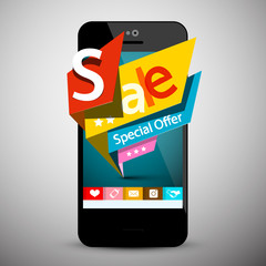 Sale Labels on Mobile Phone. Business Application. Modern Web Site - Online Symbol.