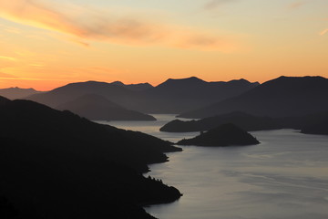 Sunset scene in the Marlborough Sounds, New Zealand.