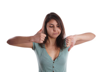 indecisive woman with one thumb up and one thumb down