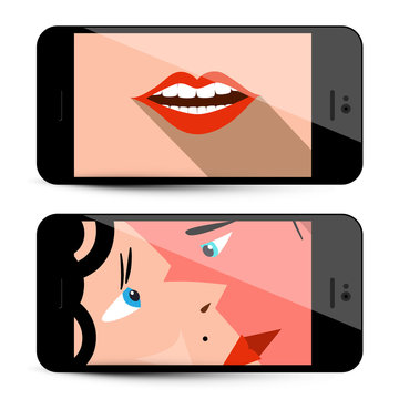 Kissing Couple Flat Design Illustration with Mouth. Vector Mobile Phone Icon. Love Social Media Concept.