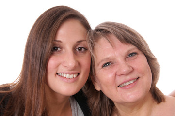 mother and daughter cheek to cheek, isolated on white