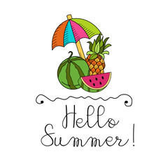 Cartoon hand drawn poster consisting of individual elements. Summer, rest, sea, rest. Vector illustration.