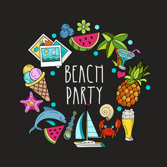 Cartoon hand drawn poster consisting of individual elements. Summer, rest, sea, rest. Vector illustration.