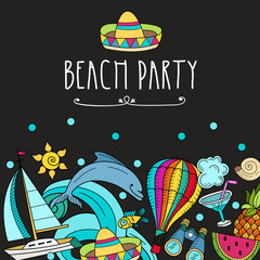 Cartoon hand drawn poster consisting of individual elements. Summer, rest, sea, rest. Vector illustration.