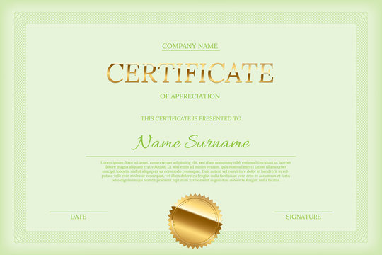 Vector certificate design template. Golden Certificate word with seal, green text and guilloche border on green background. - Powered by Adobe
