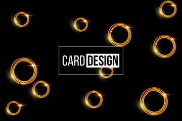 Card design template. Vector shiny golden rings on black background.