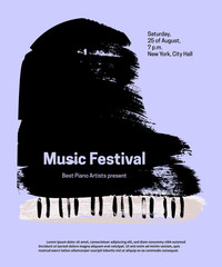 Fototapeta premium Music festival design template. Vector piano, painted with brush strokes and text on blue background.
