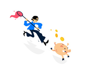 Illustration of a thief running after a piggy bank with a net.  Image is isolated on white background. A cartoon thief is trying to catch a piggy bank. In pursuit of profit. Easy Money.