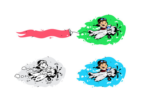 Illustration of a cartoon boy flying in a plane with a ribbon. Image is isolated on white background. A set of different pictures. Advertising in the air.