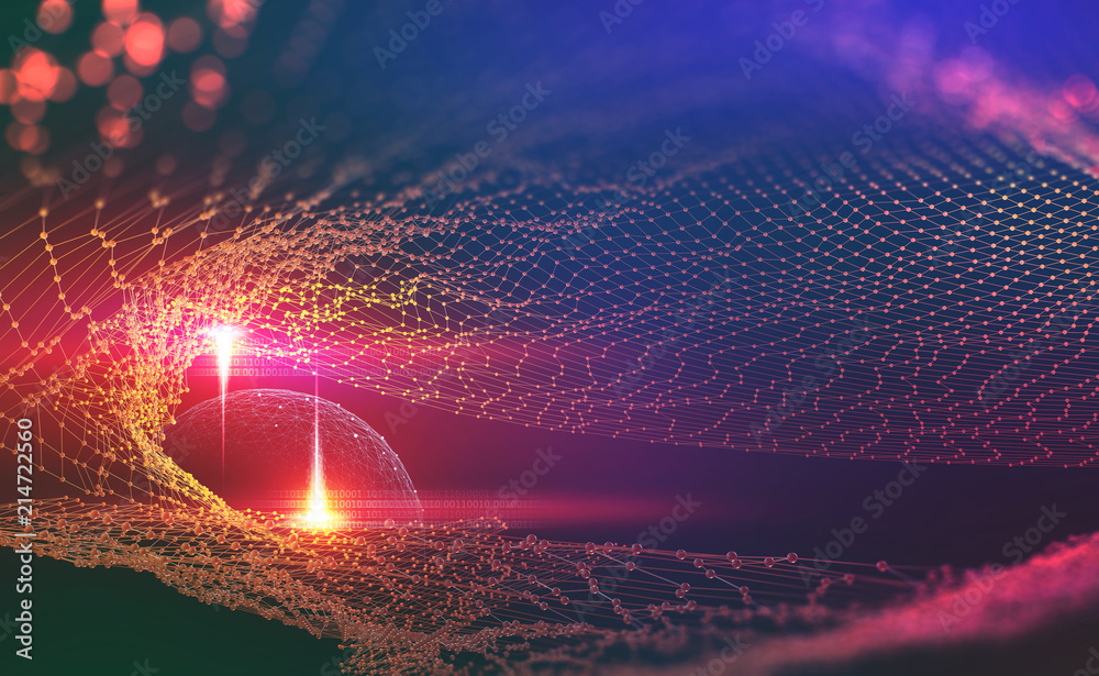 Poster Big data blockchain. Global network. Concept cyberspace of the future. 3d illustration of the theme of artificial intelligence