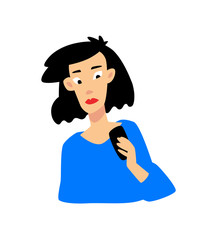 Illustration of a girl with a phone. Young Asian girl looking into smartphone. Character for the site and print. Asian girl discouraged by messages.